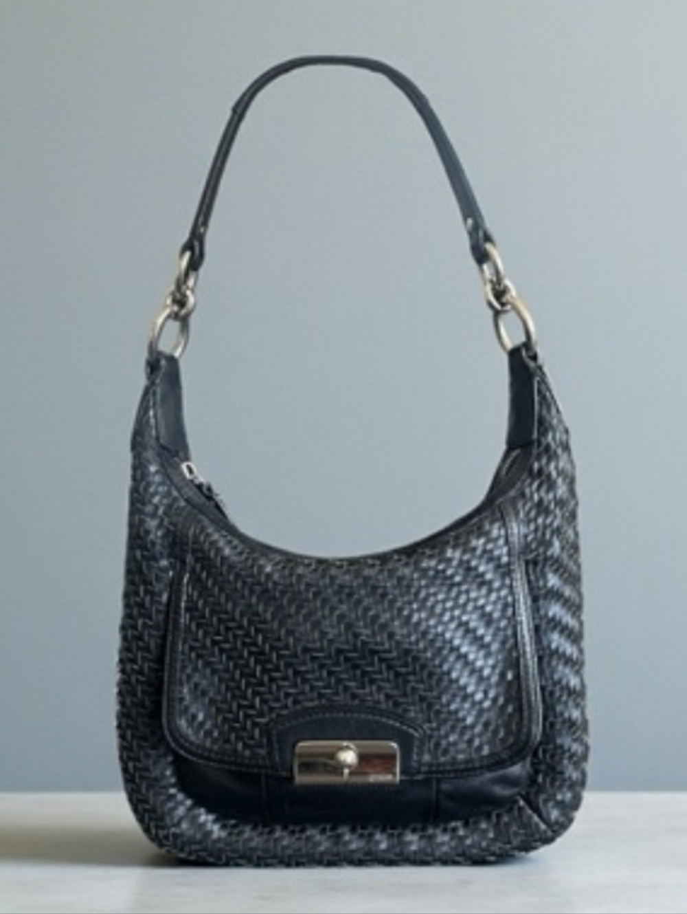 Coach Black Kristin Woven Leather Hobo Shoulder Bag